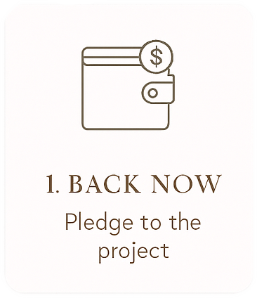 Outline of a wallet with a dollar sign and text '1. Back Now Pledge to the project' on a white background