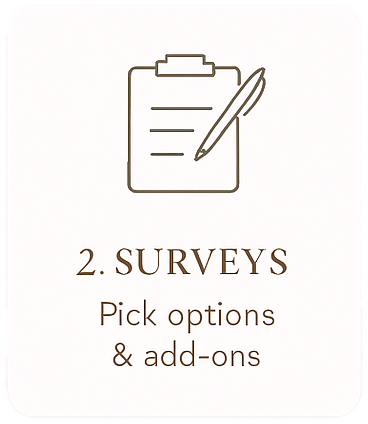Icon of a clipboard with a pen and text '2. Surveys Pick options & add-ons' on a white background
